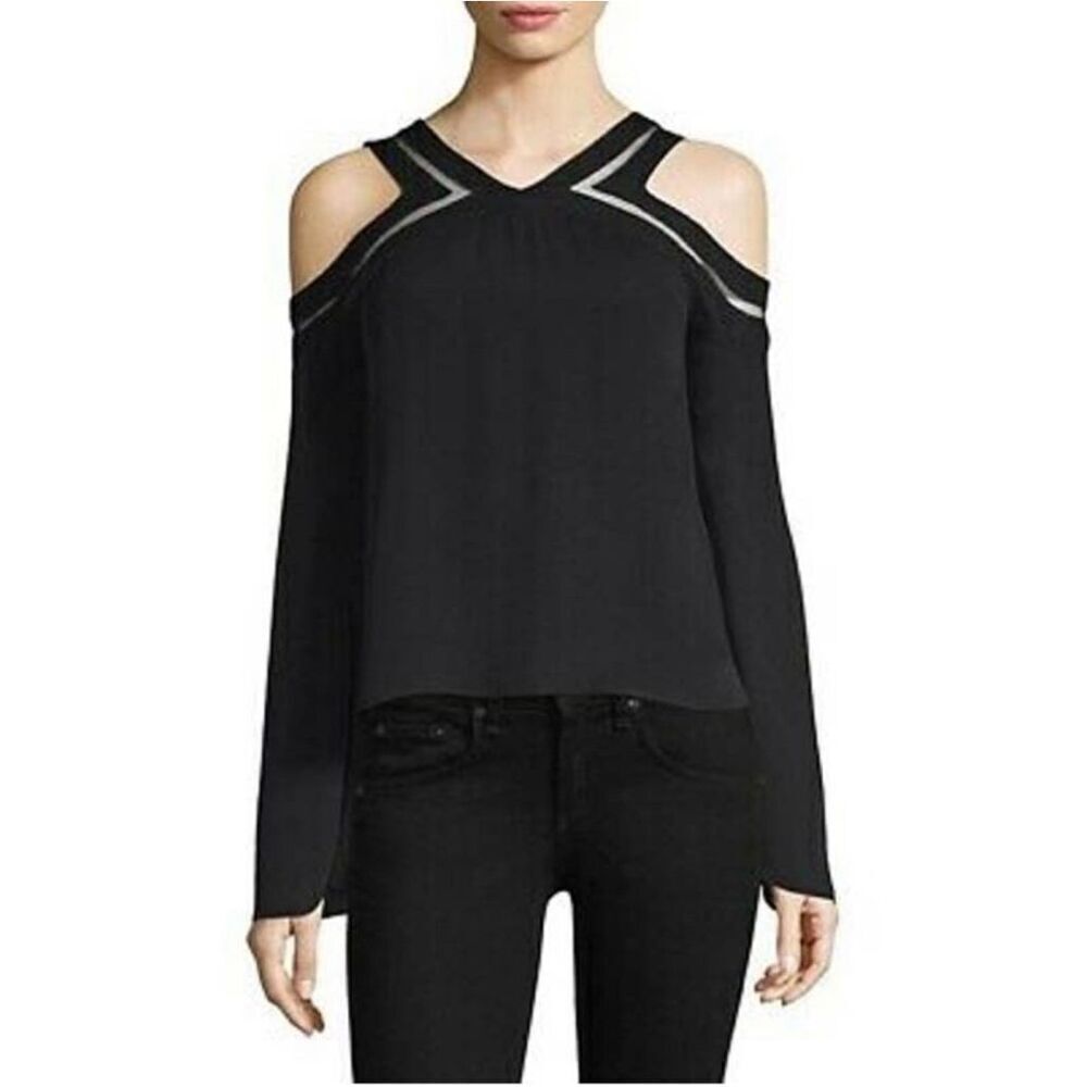 Ramy Brook Lex Cold Shoulder Sleeve Silk Blouse, Black Size Medium